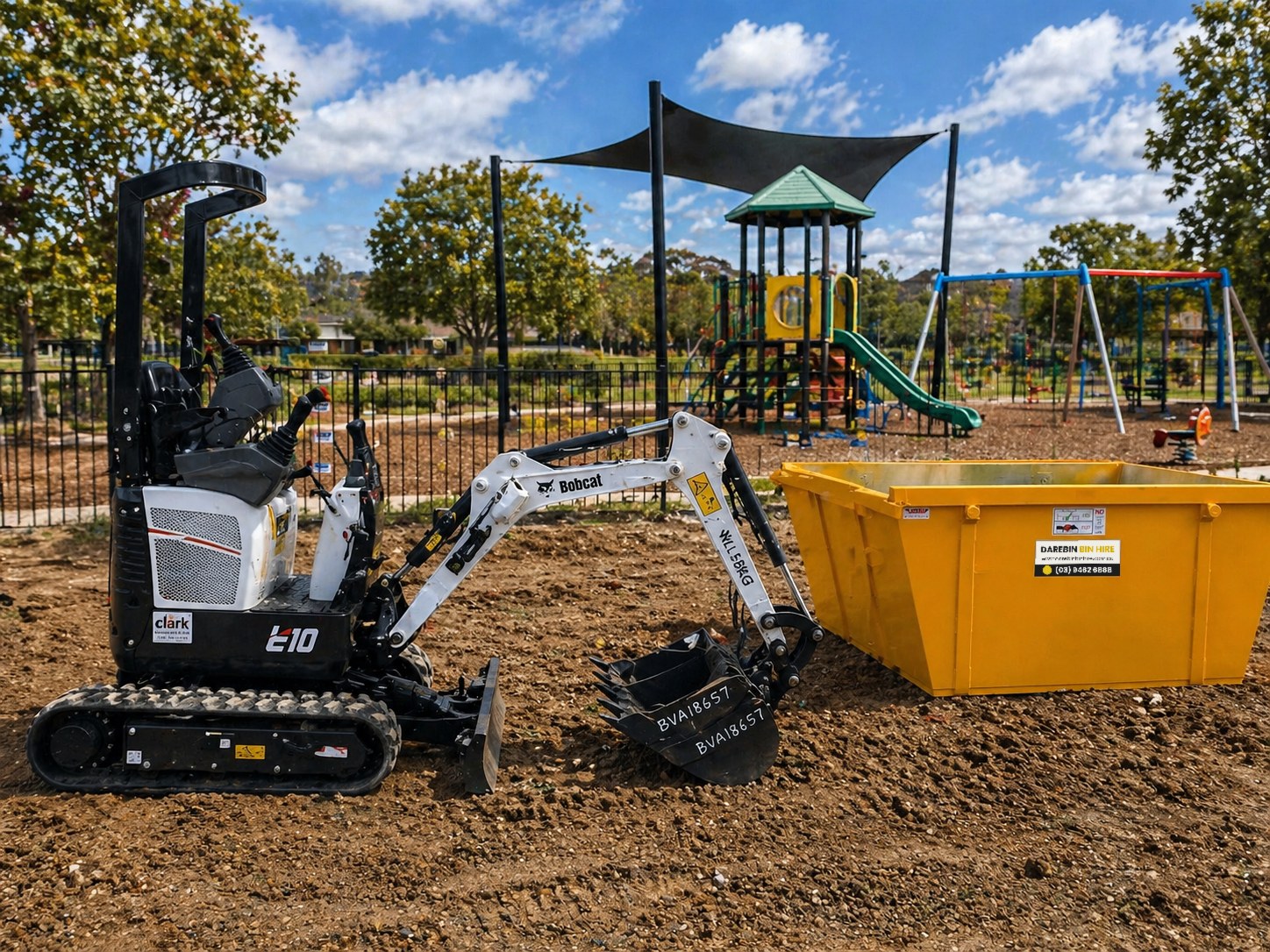 1 tonne mini excavator and Darebin Bin Hire skip bin on a landscaping job